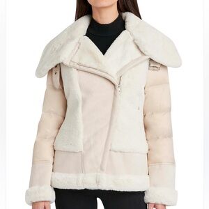HFX Faux Shearling Moto Puffer Jacket Cream Medium